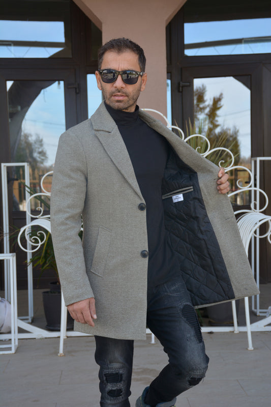 Palton barbati, stofa groasa, captusit cu matlasata, grej, slim fit.
