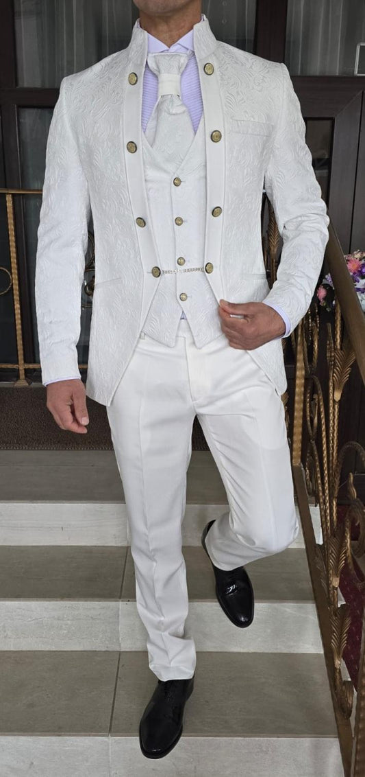 Costum ceremonie, alb, brocard model floral (sacou, pantalon, vesta, lavaliera).