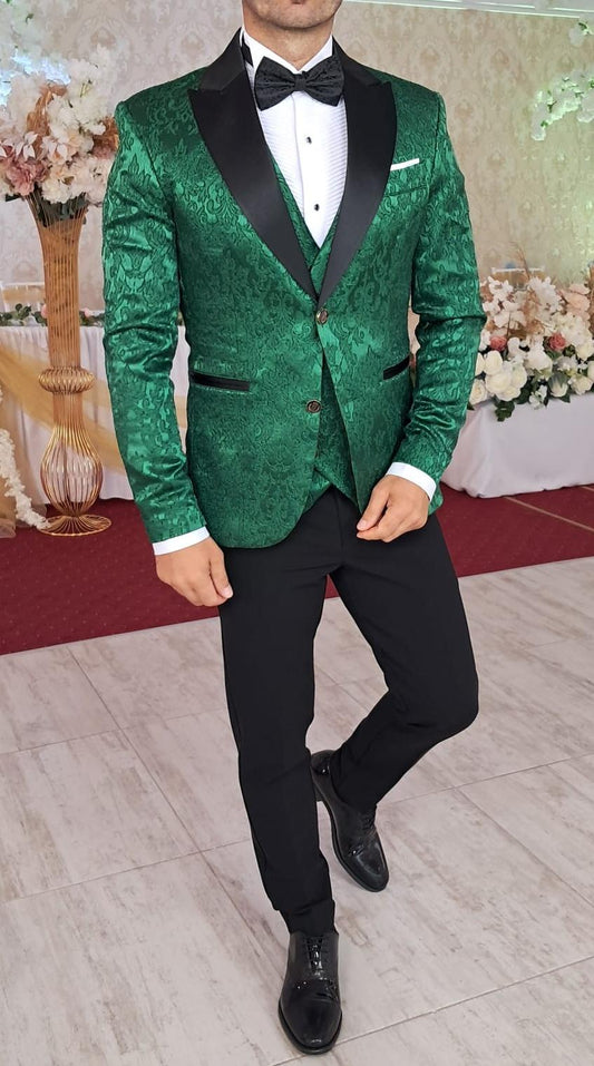 Costum ceremonie, sacou brocard verde cu model si pantalon negru (sacou si pantalon)