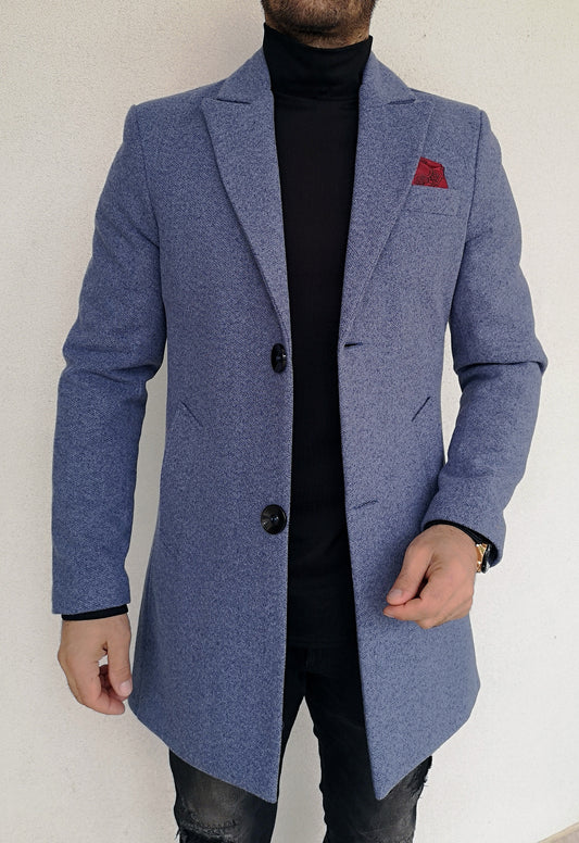 Palton barbati, stofa groasa, captusit cu matlasata, bleu pipit cu negru, slim fit.
