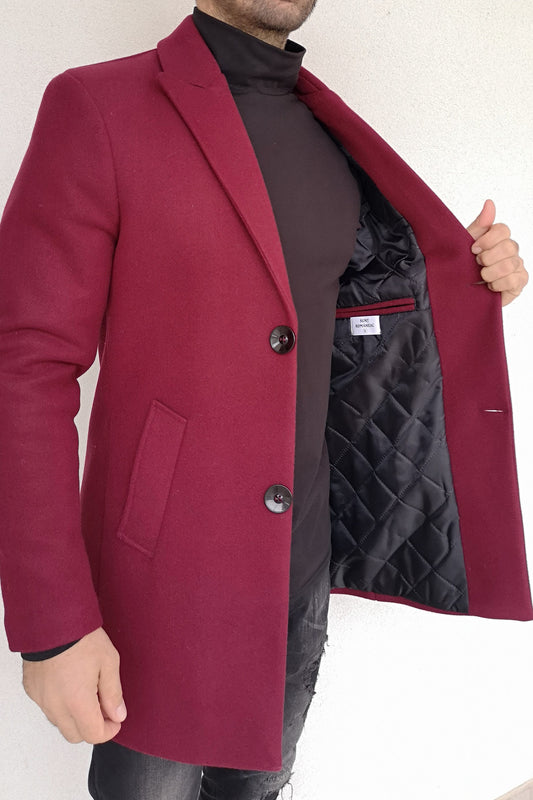 Palton barbati, stofa groasa, captusit cu matlasata, visiniu, slim fit.