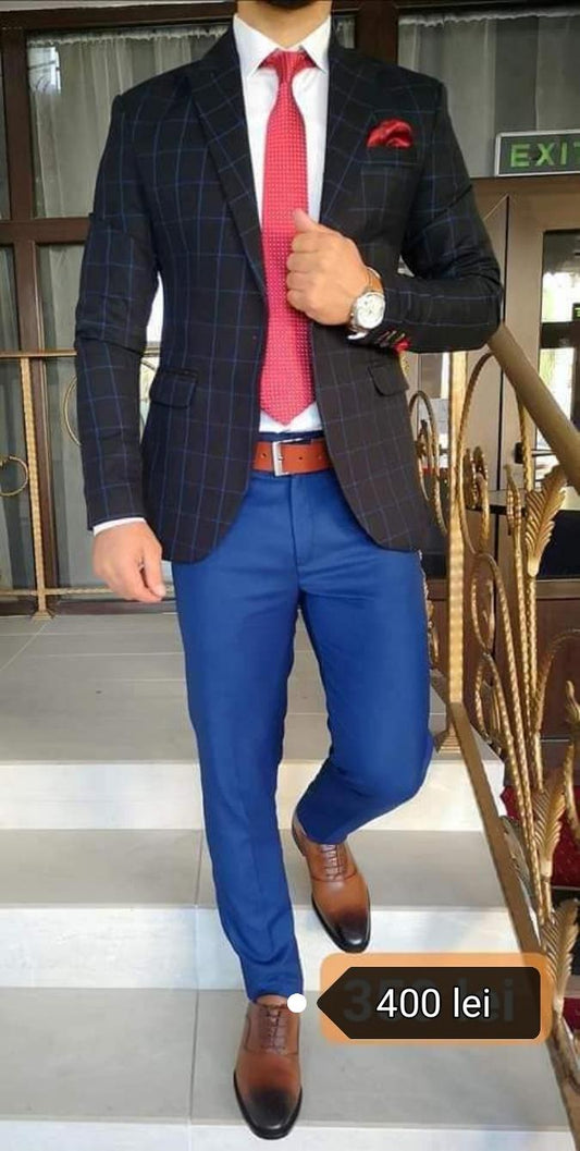 Costum barbat, sacou negru in carouri bleu si pantalon albastru (sacou si pantalon)