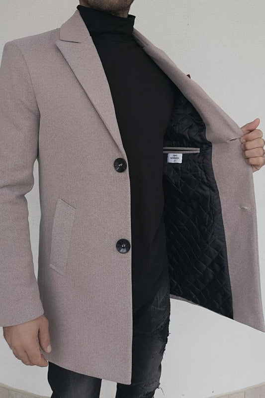 Palton barbati, stofa groasa, captusit cu matlasata, bej, slim fit.