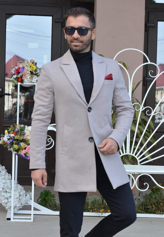 Palton barbati, stofa groasa, captusit cu matlasata, bej, slim fit.