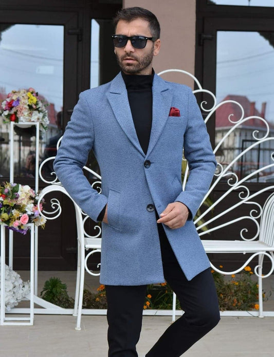 Palton barbati, stofa groasa, captusit cu matlasata, bleu pipit cu negru, slim fit.