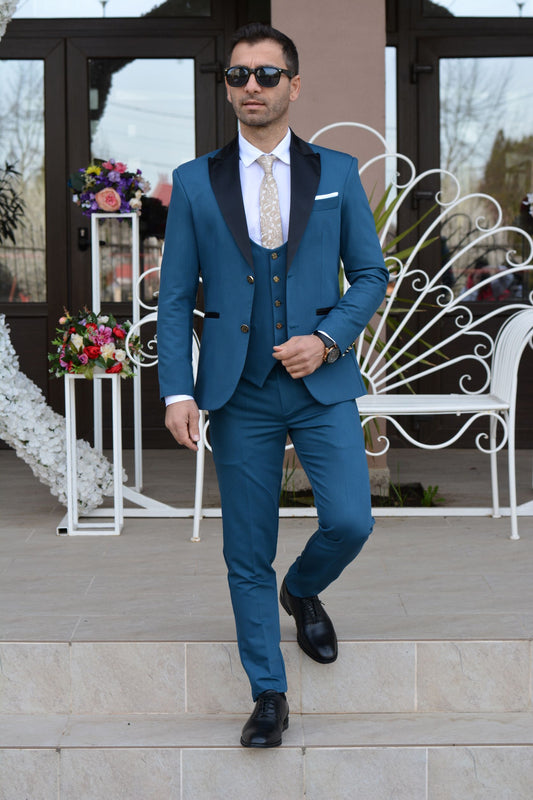 Costum barbat, ceremonie, turcoaz (sacou si pantalon, vesta este optionala).