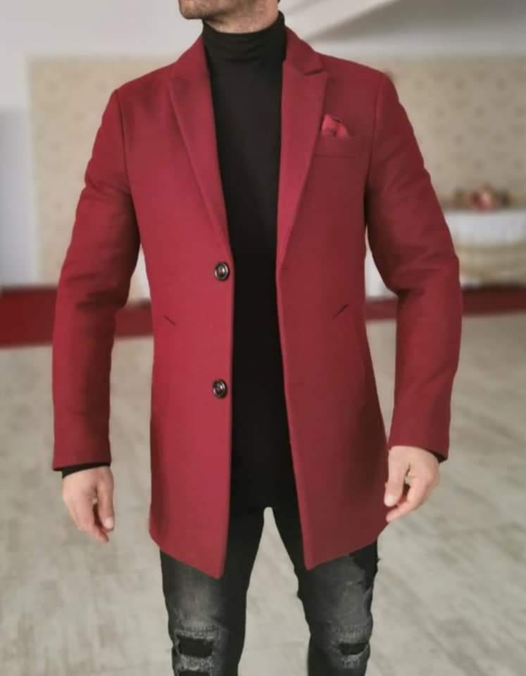 Palton barbati, stofa groasa, captusit cu matlasata, visiniu, slim fit.