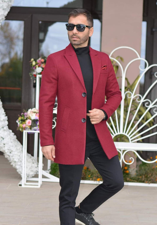 Palton barbati, stofa groasa, captusit cu matlasata, visiniu, slim fit.