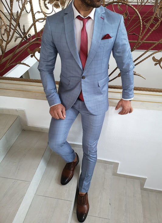 Costum barbat, bleu in carouri negru (sacou si pantalon).