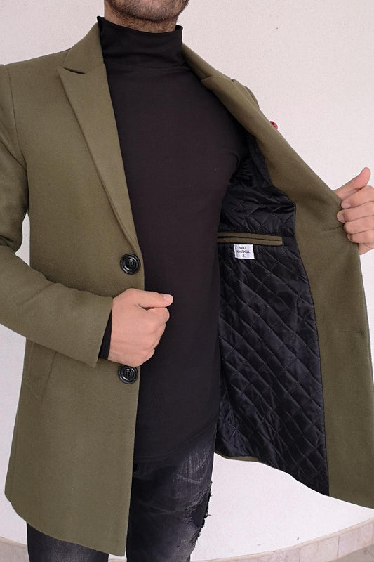 Palton barbati, stofa groasa, captusit cu matlasata, verde-kaki, slim fit.