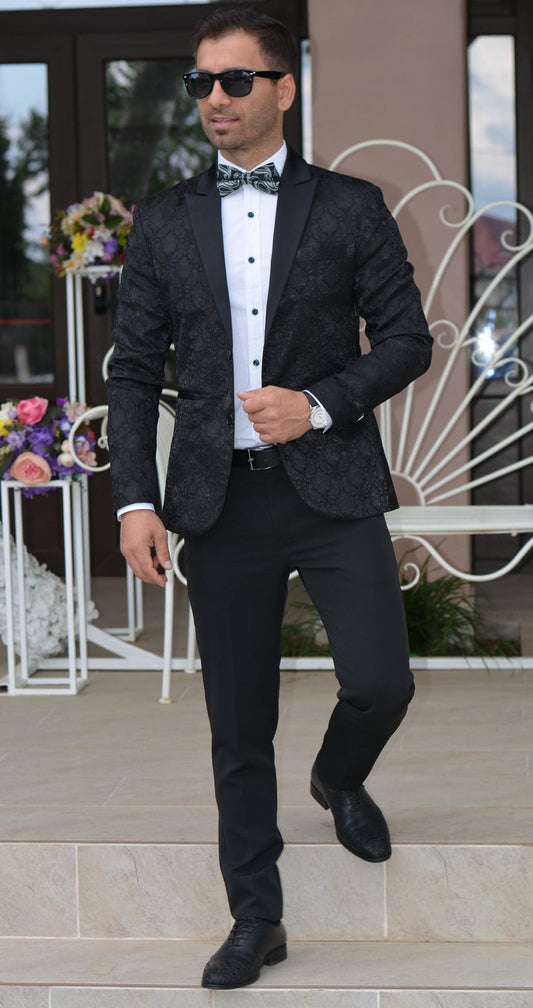 Costum barbat, ceremonie, sacou brocard negru cu model si pantalon negru