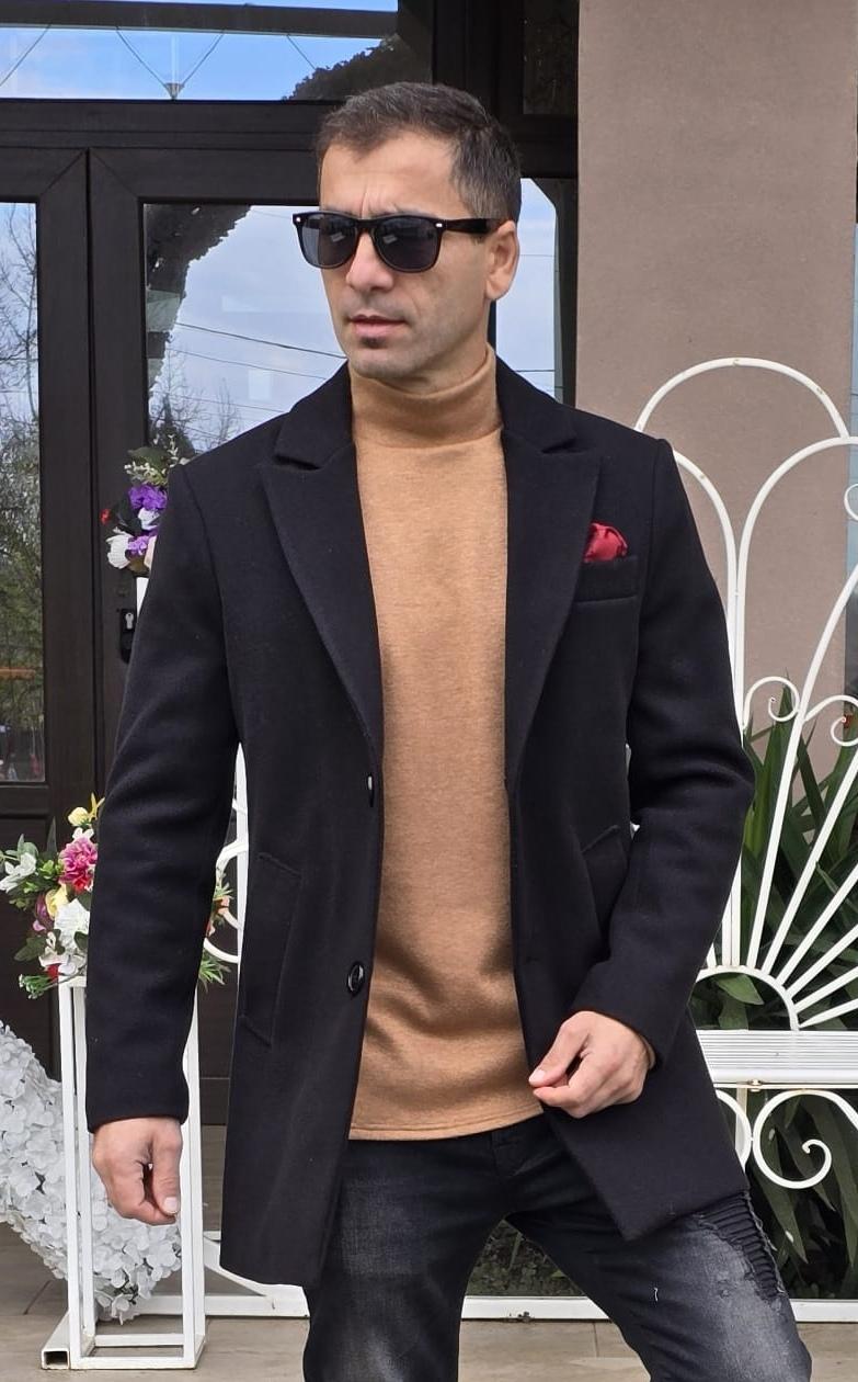 Palton barbati, stofa groasa, captusit cu matlasata, negru, slim fit.