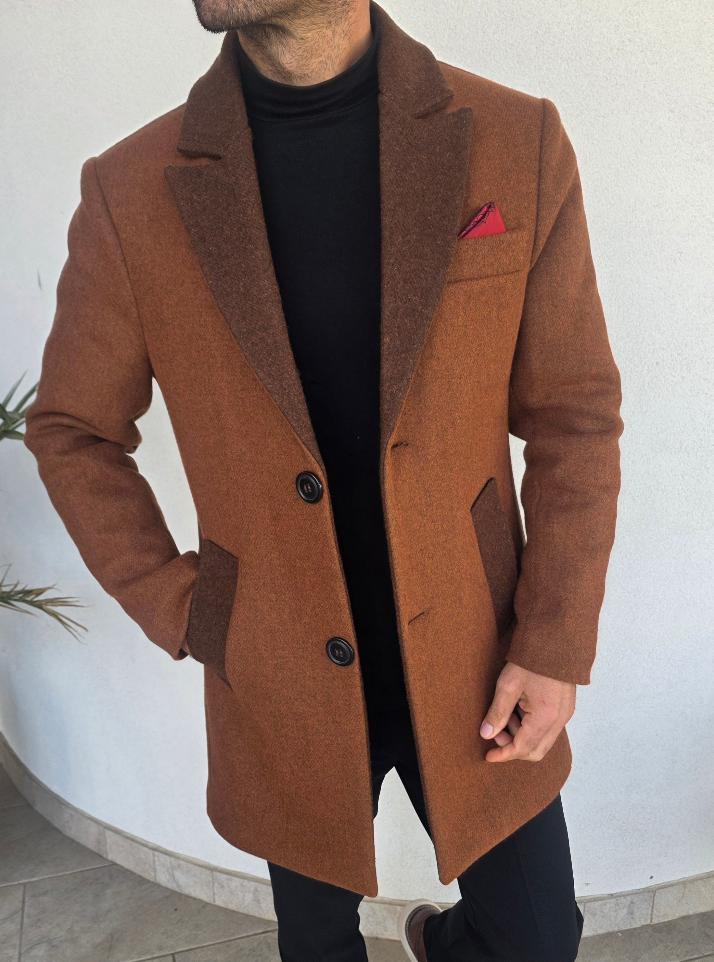 Palton bărbati, stofa groasă, captusit cu matlasată, maro cognac melange.