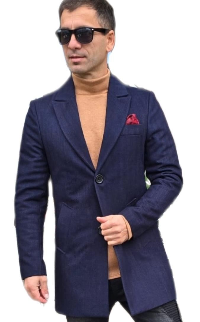 Palton barbati, stofa groasa, captusit cu matlasata, bleumarin cu insertii maro, slim fit.