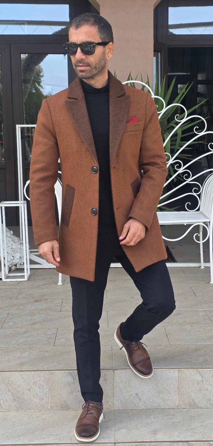 Palton bărbati, stofa groasă, captusit cu matlasată, maro cognac melange.